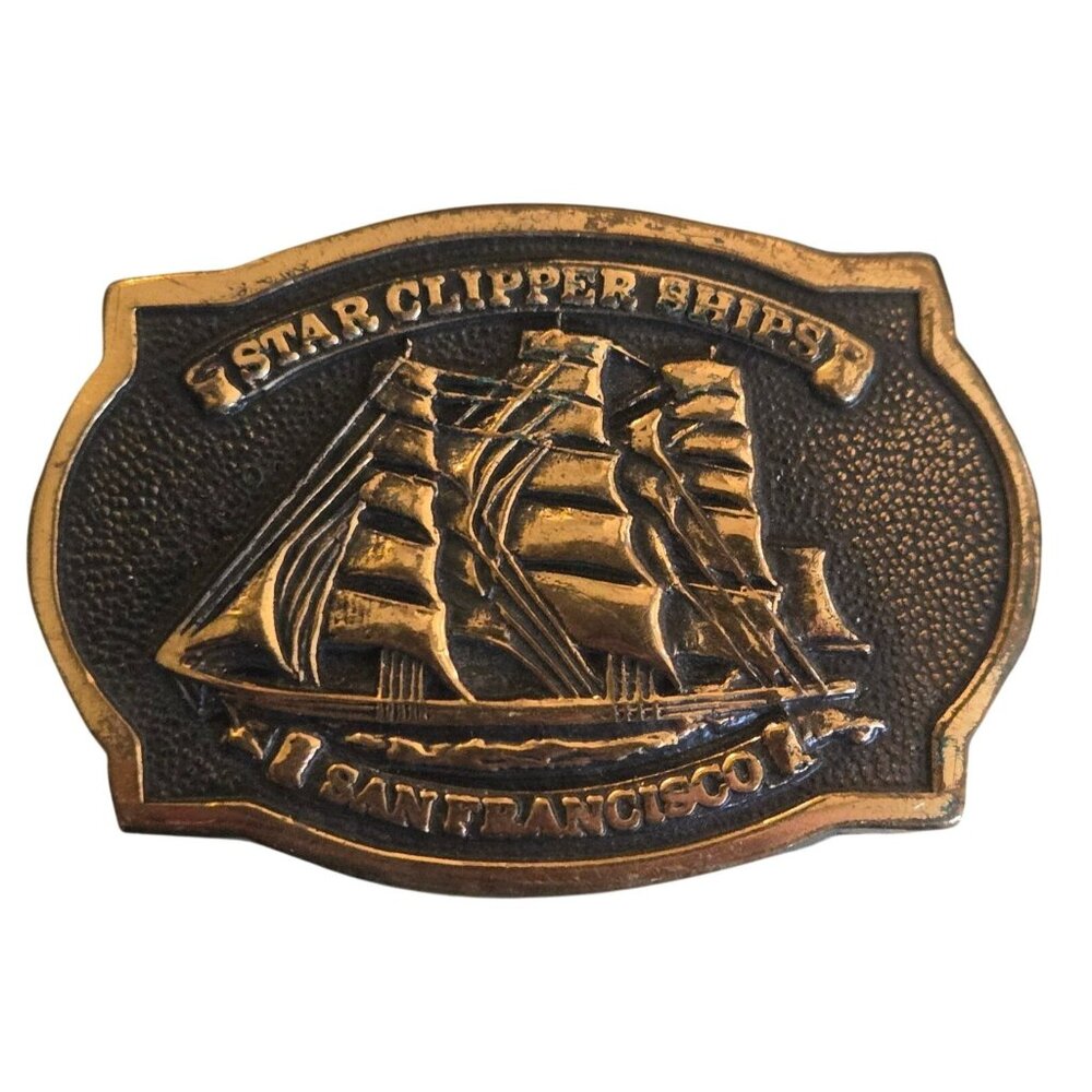 Vintage Star Clipper Ships Belt Buckle Solid Brass San Francisco Small CA Ship